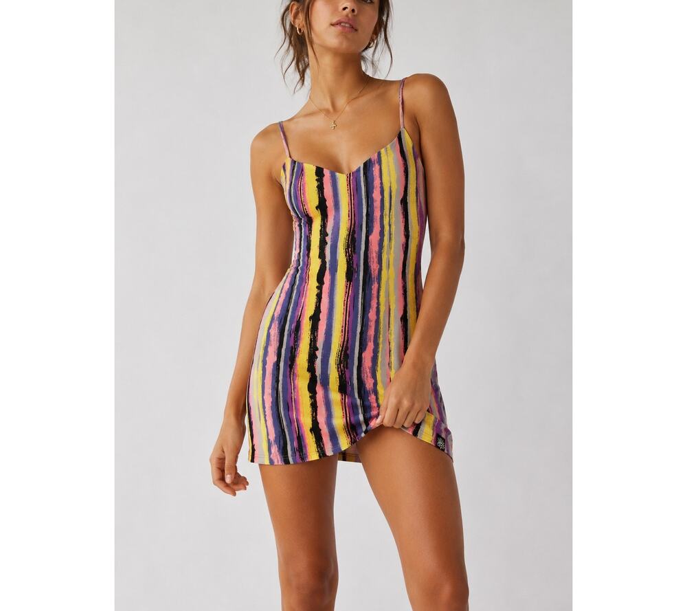 Stussy Slip Dress Womens Medium Pink Yellow Striped Y2K Mini Festival Stretch